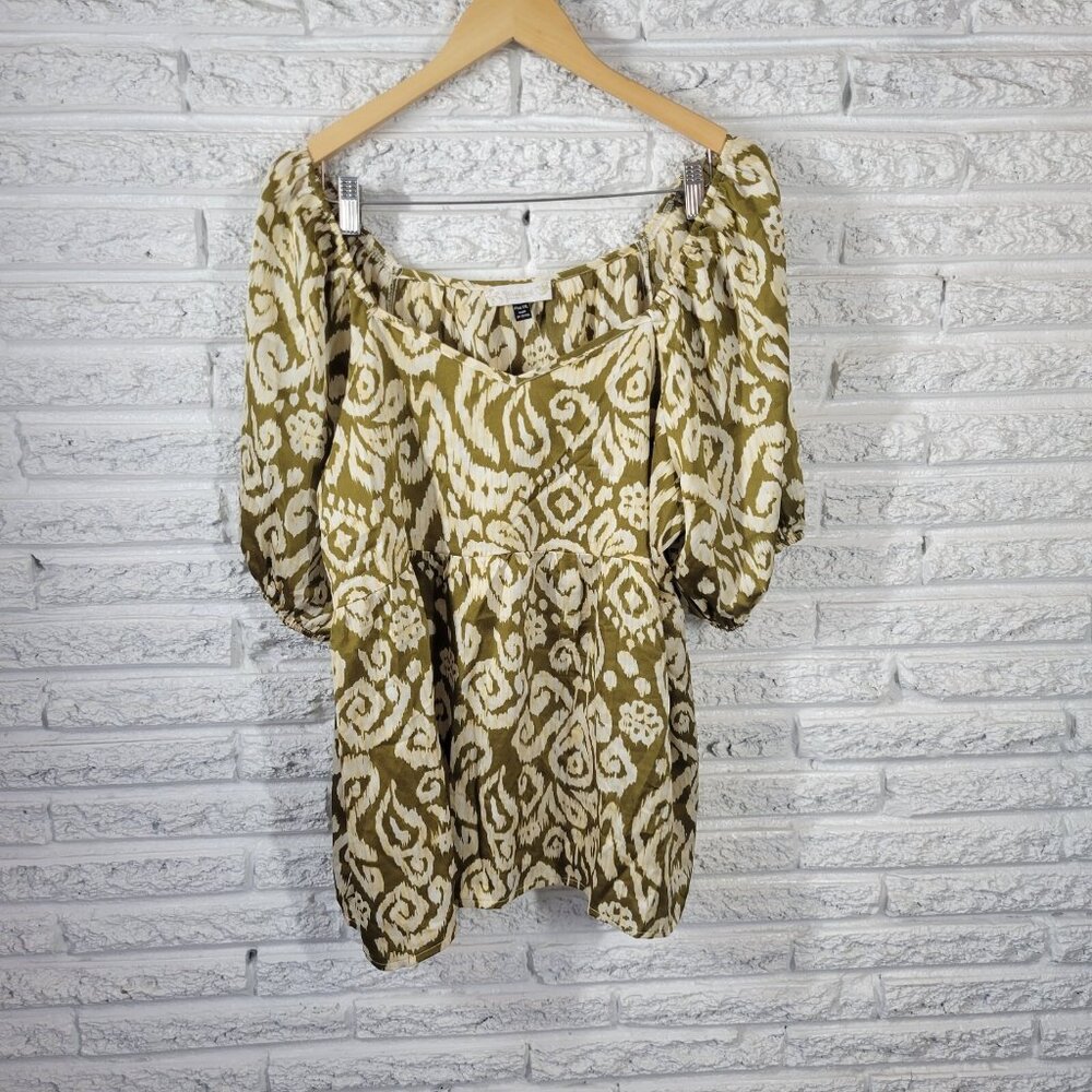 Suzanne Betro Women's 1XL Gold Abstract Party Print V-Neck Puff Sleeve GEO179XE